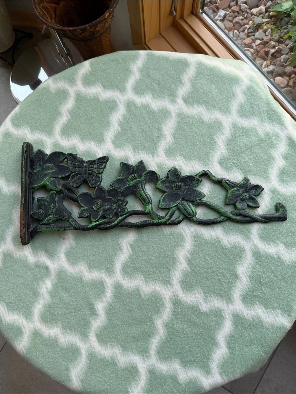 Vintage Cast Iron Floral Plant Bracket Wall Hook - Green and Black